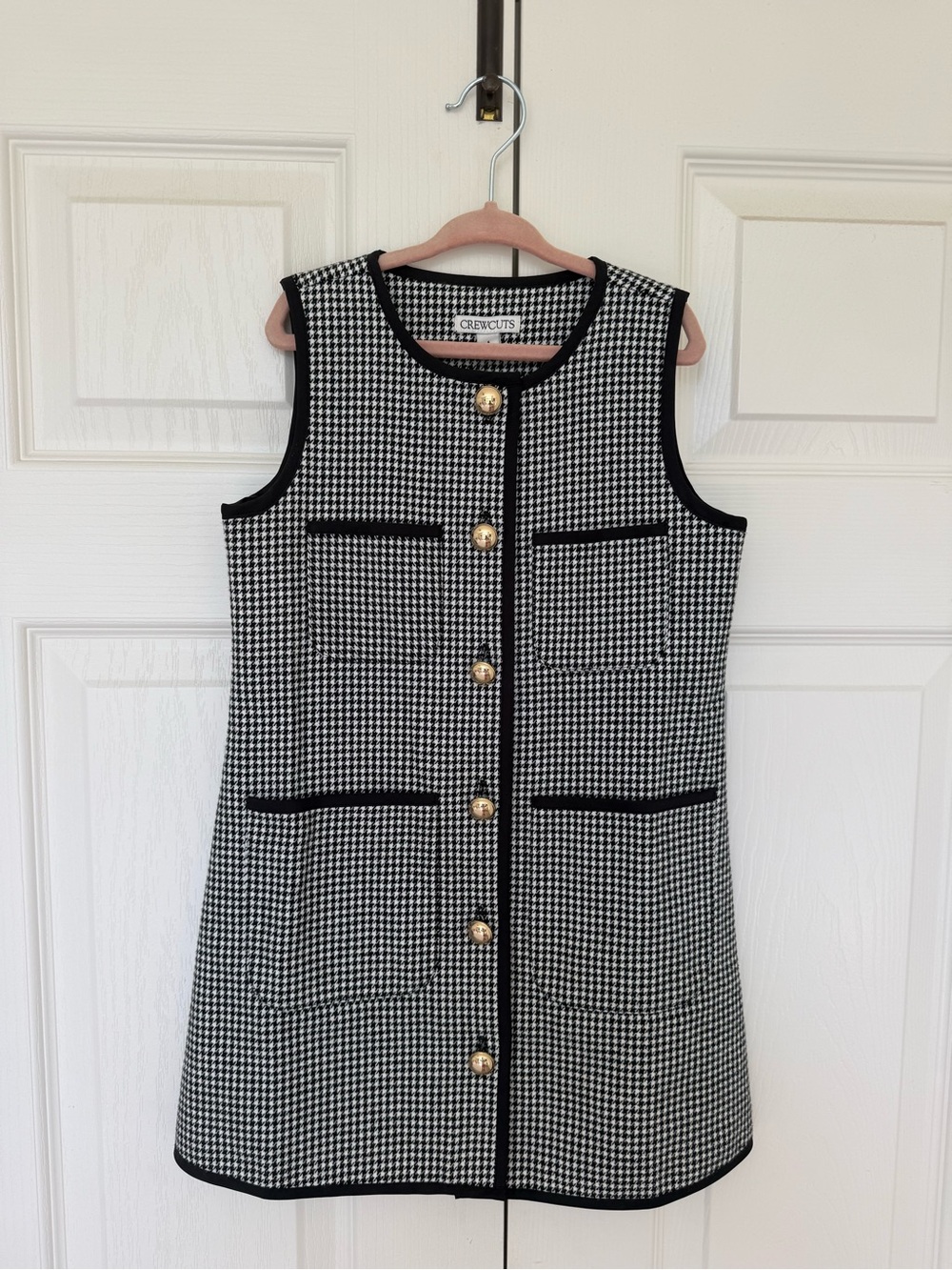 Crewcuts Black and White Houndstooth Sleeveless Shift Dress with Gold Buttons